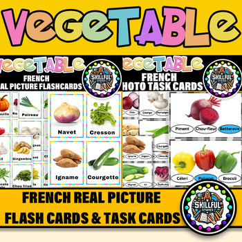 Preview of French Vegetable Functional Reading Task Cards & Vegetable Photo Flashcards