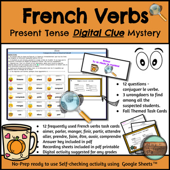 Preview of French Verbs Present Tense Digital Fall Themed Clue Mystery Task Cards Activity