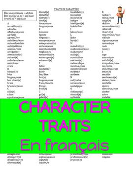 French Vocabulary TRAITS DE CARACTERE CHARACTER TRAITS TPT