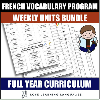 Preview of French Vocabulary Unit Activity Curriculum Bundle - Writing, Spelling, and Games