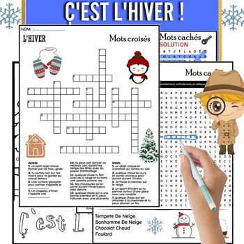 Preview of French WINTER - Ç'est L'hiver !  Fun Worksheets ,Mots Croisés, Cachés, Coloriage