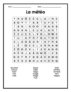 Preview of French Weather Word Search Puzzle - Mots cachés français sur la météo/le temps