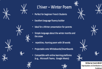 Preview of French Winter Poem - L'hiver - Poème - For In-class and Online Learning