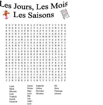 Preview of French Word Search-Days. Months, Seasons