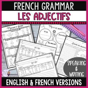 Preview of French adjectives worksheets, notes, & activities: core & immersion ADJECTIFS