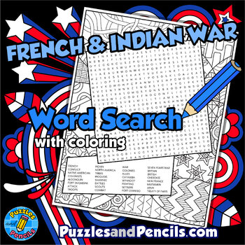 Preview of French and Indian War Word Search Puzzle with Coloring | US History Wordsearch