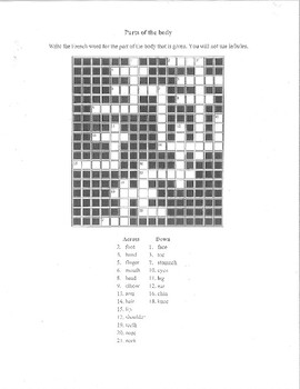 Preview of French body part vocabulary crossword puzzle