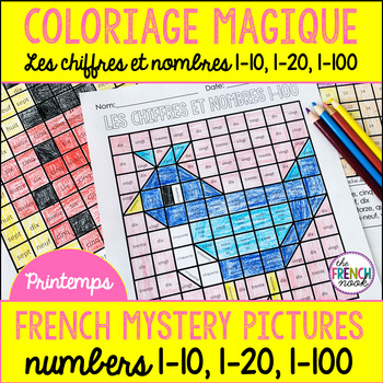Preview of French colour by number Spring Coloriage Magique Printemps 1-10, 1-20, 1-100