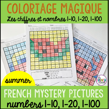 Preview of French colour by number Summer Coloriage Magique l'été 1-10, 1-20, 1-100