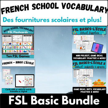Preview of French core School vocabulary practice FSL low prep games bingo worksheets