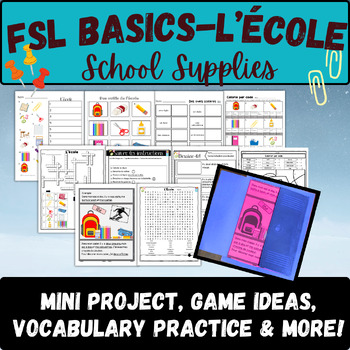 Preview of French core school supplies vocabulary practice FSL emergency sub plan flashcard
