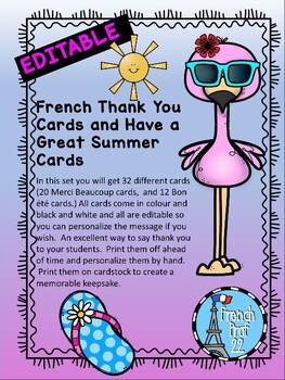 Preview of French end of year thank you merci cards for students