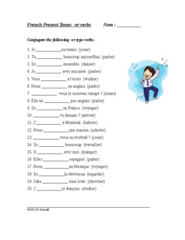 Preview of French -er verbs Present Tense Worksheet (20 short answer questions)