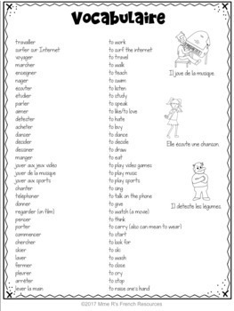 basic er verbs french worksheet pdf