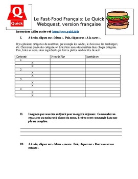 Preview of French fast-food webquest Le Quick