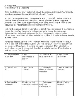Preview of French household chores reading/ questions worksheet
