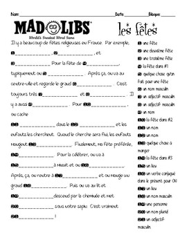 Preview of French interpersonal speaking activity: Mad Libs about HOLIDAYS