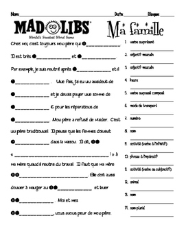 French Interpersonal Speaking Activity Mad Libs With Ma Famille Vocab