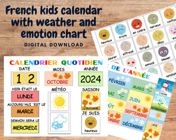 Preview of French kids calendar with weather and emotion chart, Morning board 2024