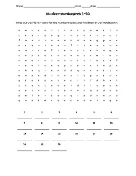 French number wordsearch 1-30 by Que faire en classe