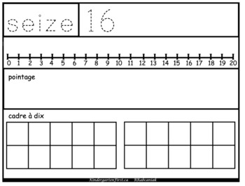 Preview of French number worksheet, number line, pointage, cadre à dix, 1-20