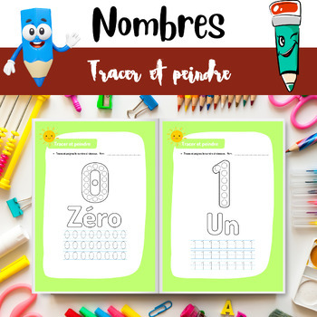 Preview of French numbers 0-9 tracing and coloring worksheets