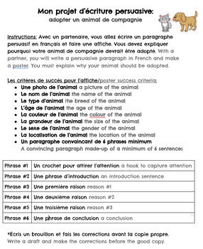 Preview of French persuasive writing/écriture persuasive (animal adoption)