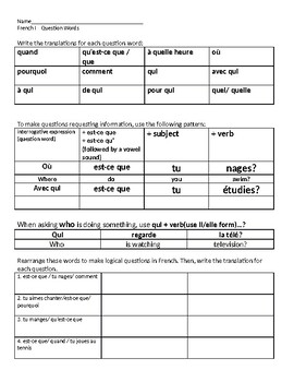 Preview of French question words notes and practice worksheet