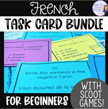 Preview of French vocabulary & grammar task cards bundle with scoot games CARTES À TÂCHES
