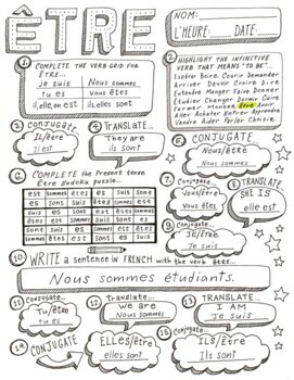 French verb ETRE ~worksheet ~verb conjugation ~translation NO PREP ~je suis