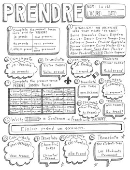 French verb prendre worksheet verb conjugation translation ...