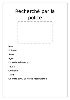 Preview of French wanted poster template for teaching personal descriptions