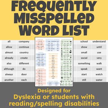 Preview of Frequently Misspelled Word List for Dyslexia