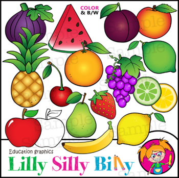 Preview of Fresh Fruit - B/W & Color clipart illustration {Lilly Silly Billy}