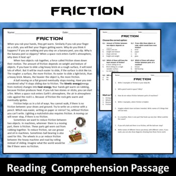 Preview of Friction Reading Comprehension Passage and Questions - PDF