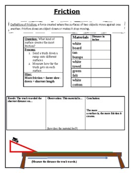 Preview of Friction Unit Experiment Worksheet