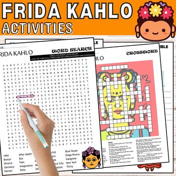 Preview of Frida Kahlo Fun Worksheets,Puzzles,Wordsearch & Crosswords Women's History