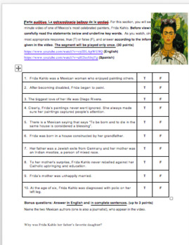 Preview of Frida Kahlo Listening Activity in English & Spanish Questions and Videos.