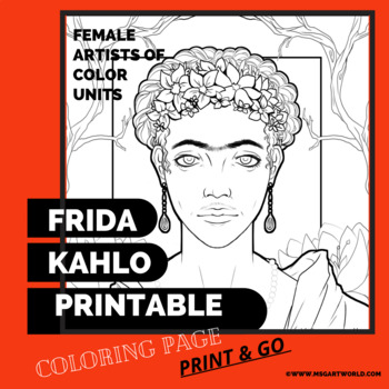 Preview of Frida Kahlo Portrait Coloring Page/ Print and Go