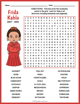 Frida Kahlo Word Search Worksheet by Puzzles to Print | TpT