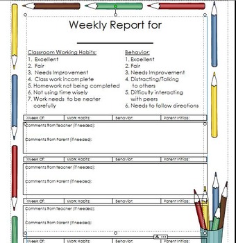 Preview of Friday Folder with Behavior Chart/Classroom Work Habits