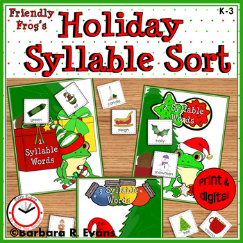 Preview of SYLLABLE SORT Christmas Frog Theme Syllable Counting Literacy Center
