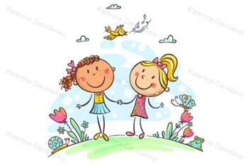 Friends walking outdoors, cartoon girls by Optimistic Kids and Families Art