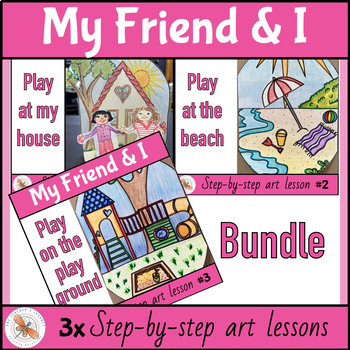 Preview of Friendship Art Projects BUNDLE 3x guided drawing lessons 1st - 2nd grade