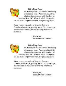 Preview of Friendship Feast-- Easy Thanksgiving Activity