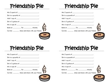 Friendship Pie Recipe Cards