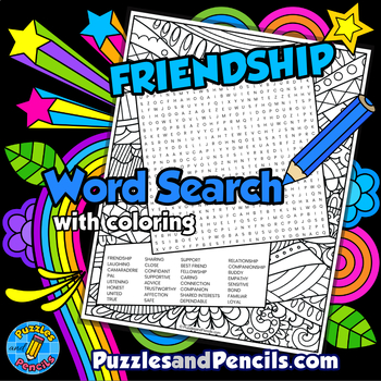 Preview of Friendship Word Search Puzzle Activity Page with Coloring | Health and Wellness