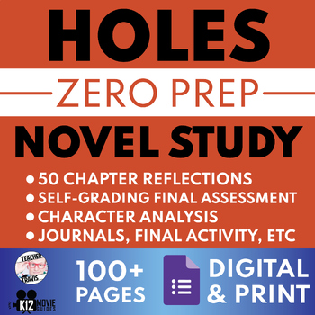 Preview of Holes Novel Study | Book Guide | No Prep | Self Grading | Print | Digital