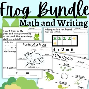 Preview of Writing and Math Frog Bundle with Informative Labeling Life Cycle and Pixel Art