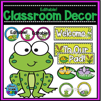 Preview of Frog Classroom Door Bulletin Board Decor Editable